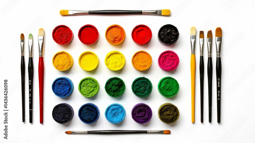 Poster collection paintbrushes arranged circular pattern white background paint pots different colors inclu