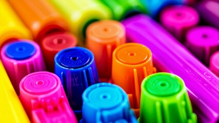 close group colorful markers markers arranged scattered manner overlapping colors markers bright vibrant shades pink blue green yellow orange purple caps spiral design while others more rounded shape