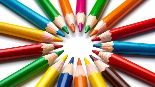 circular arrangement colored pencils arranged symmetrical pattern pencils different colors red blue green yellow pink orange purple arranged two rows three columns colors vibrant pencils appear new