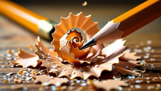 close pencil sharpener spiral design pencil resting wooden surface shavings scattered around center large orange pencil pointed tip which being used sharpen pencil sharpener shape spiral tip pointing