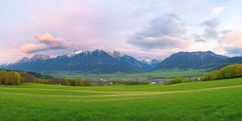 Happy woman standing with her back on sunset in nature . Panoramic view of a colorful sunset created by ai