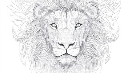 Majestic lion portrait, serene gaze, detailed lines, nature background, art print