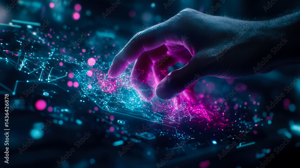 Poster futuristic interface: hand interacting with glowing data network. concept: technology interface, dat