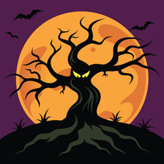 Spooky Halloween Tree Scene at Night with Full Moon and Gravestones