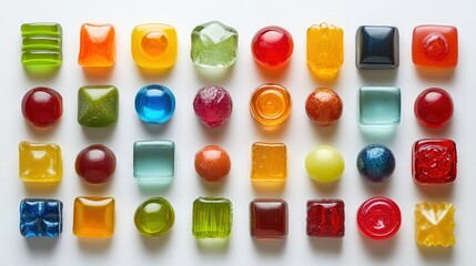 Colorful hard candies in various shapes and colors