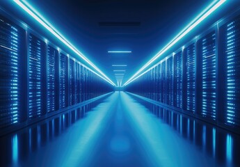Fototapeta premium Futuristic server room with glowing blue lights, endless reflective floors, and sleek illuminated ceiling, ideal for technology marketing, cloud computing ads, and cybersecurity visuals