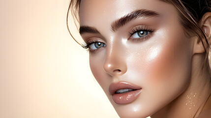 Fototapeta premium Radiant Beauty: A captivating portrait of a young woman showcasing flawless skin and enhanced natural features, radiating confidence and allure.