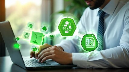 Man is typing on a laptop with a green screen that has a wind turbine on it. The man is wearing a blue tie and is sitting at a desk. The laptop screen is lit up - Powered by Adobe