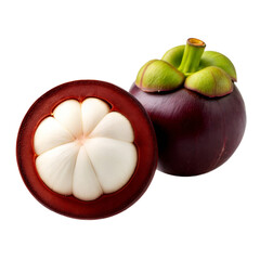 Fresh Mangosteens Fruit Halved and Whole on Black Background