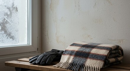 Leather Gloves and Wool Scarf on a Bench by a Frosted Window