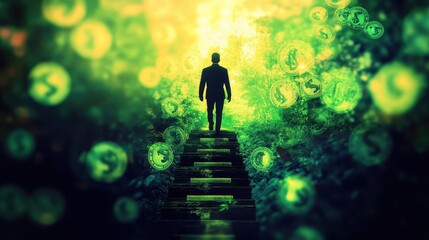 Fototapeta premium Investment progress concept, ascending step chart with dollar signs, blurred businessman in background, financial strategy and wealth building, stock photo with copy space.