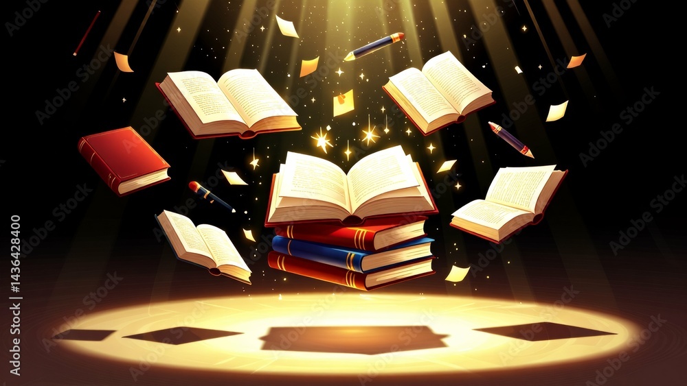 Poster group books flying air books different sizes colors being red blue yellow arranged pyramid like shap