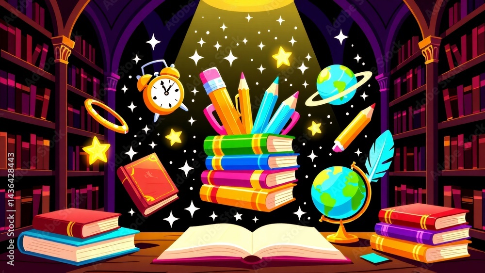 Poster illustration bookshelf filled books various objects center open book stack colorful books top books 