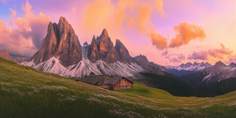 Happy woman standing with her back on sunset in nature . Panoramic view of a colorful sunset created by ai