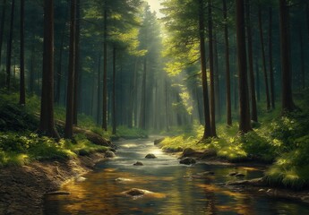 Fototapeta premium Sunlight streaming through foliage in a forest with tall trees and a winding river.
