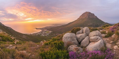 Happy woman standing with her back on sunset in nature . Panoramic view of a colorful sunset created by ai