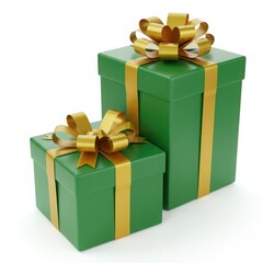 Two green gift boxes with gold ribbons and bows sitting on a white surface in a studio shot
