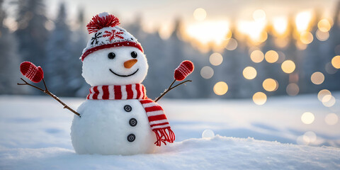 Fototapeta premium cheerful snowman with scarf and mittens in snowy forest