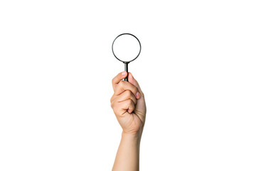 Hand holding magnifying glass isolated on white background PNG