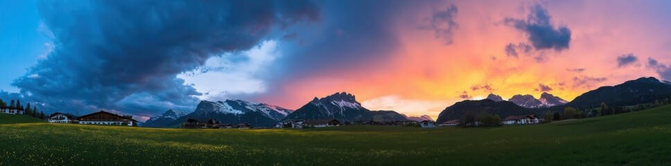 Happy woman standing with her back on sunset in nature . Panoramic view of a colorful sunset created by ai