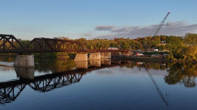 Albany New York Hudson River railroad bridge and trestle water reflection 4k