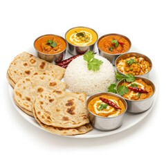 A plate of indian food with rice roti and several small bowls of different curries on a white plate