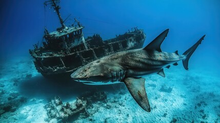 Underwater realm showcasing a shark swimming past a sunken shipwreck structure