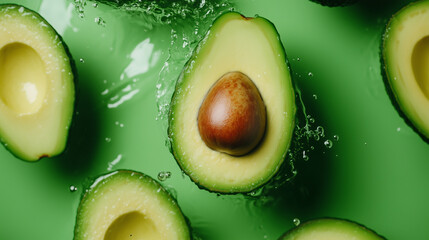 Ripe avocado halves dropping into splashing water, displaying fresh green background with dynamic, healthy composition