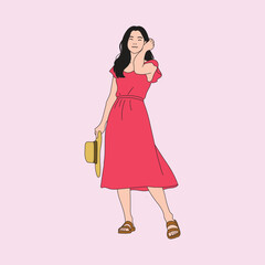 Young woman in a summer dress smiling and holding a hat while standing on a light background. Flat vector illustration of relaxed lifestyle and fashion concept.