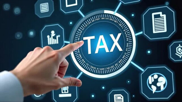 Hand is pointing to the word tax on a screen. Concept of paying taxes and the importance of doing so