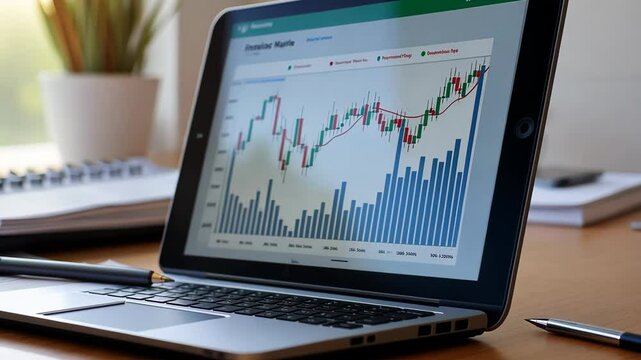 Tablet with a graph on it and a pen next to it. The tablet is displaying a stock market graph and the pen is on a piece of paper