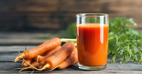 Jus de carotte dans un verre et carottes fraîches sur une table en bois, persil flou en arrière-plan.