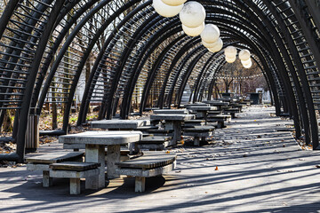 tables for playing board games in the park
