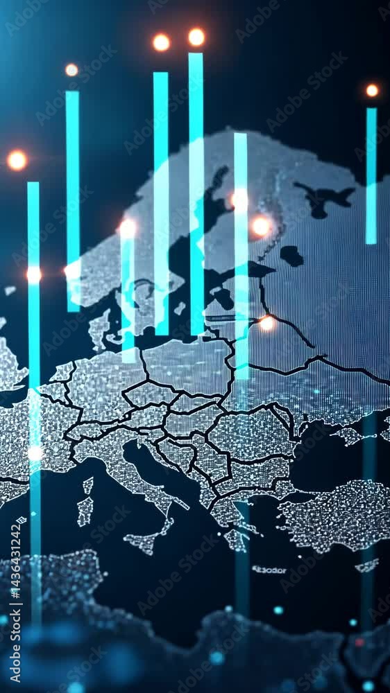 Poster map of europe with a blue background and red and orange dots. the dots represent cities and the map 
