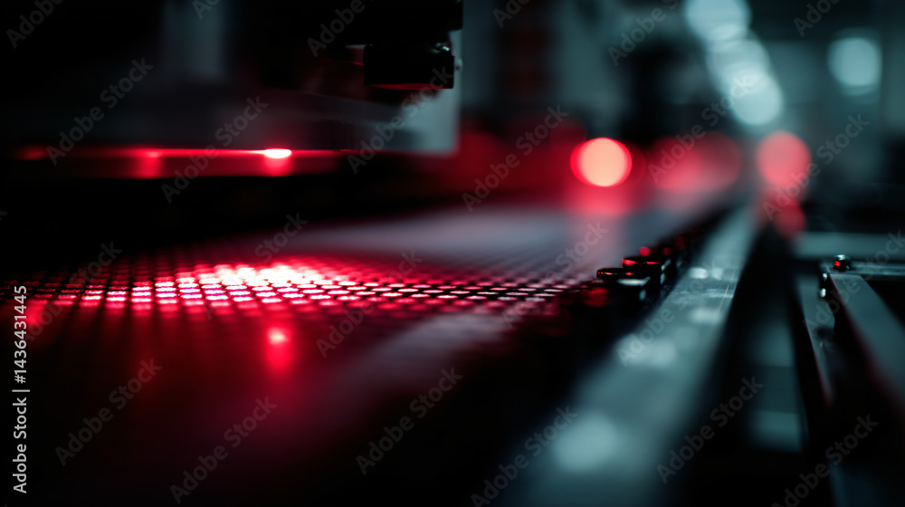 Poster close-up of microchip on production line with red lighting