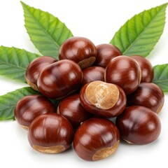 Obraz premium A pile of shiny brown chestnuts with green leaves on a white background in a close up still life