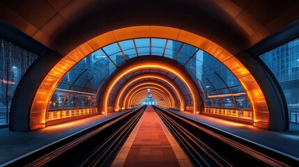 Fototapeta premium Illuminated subway tunnel with orange and blue lights, featuring symmetrical architecture and high-speed rail tracks. Abstract background enhances futuristic, vibrant atmosphere.