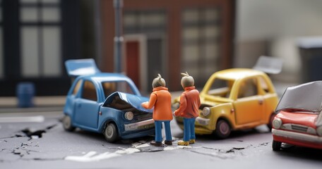 Un accident de la route en maquette avec figurines de personnes constatant les d&eacute;g&acirc;ts de carrosserie des voitures percut&eacute;es dans la rue d'une ville.