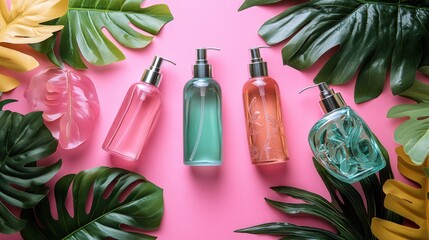 Colorful bottles of liquid soap or lotion surrounded by tropical leaves on a pink background
