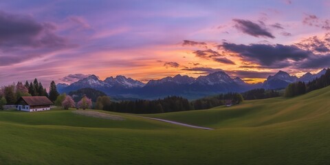 Happy woman standing with her back on sunset in nature . Panoramic view of a colorful sunset created by ai