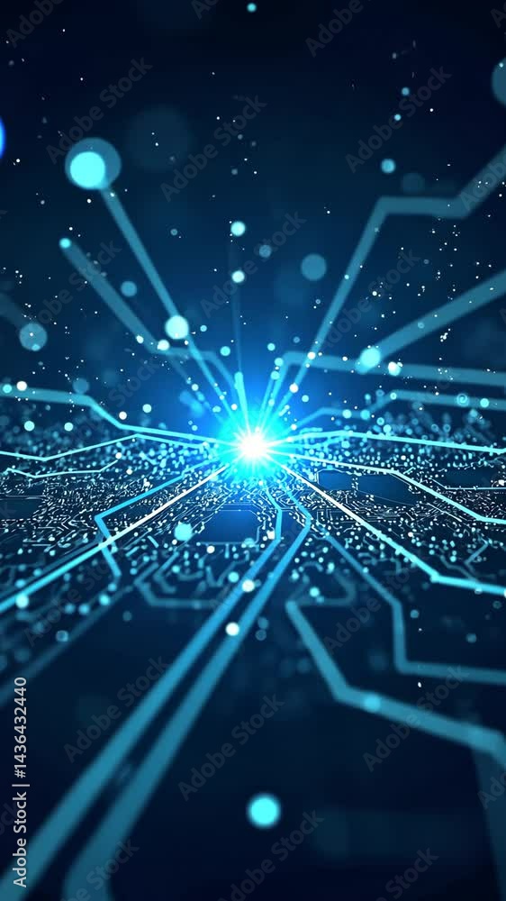 Poster blue background with a bright light shining on it. the light is surrounded by a lot of dots, which m