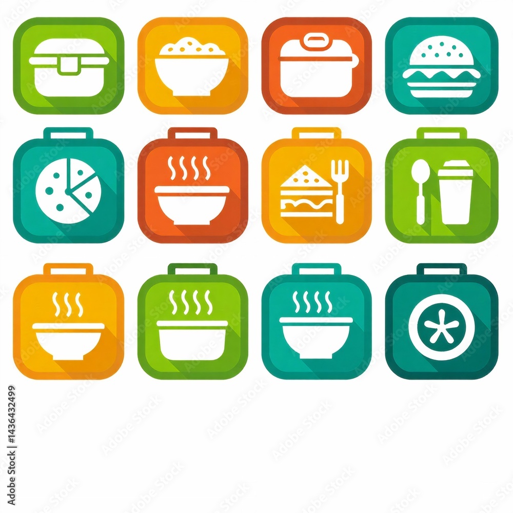 Poster collection square icons arranged grid rows columns icon different color has unique design first row 
