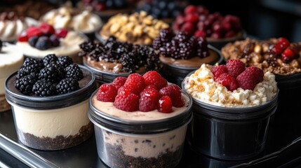 Assorted mini desserts in takeaway containers.  A variety of flavors are showcased, topped with fresh berries, nuts, and whipped cream