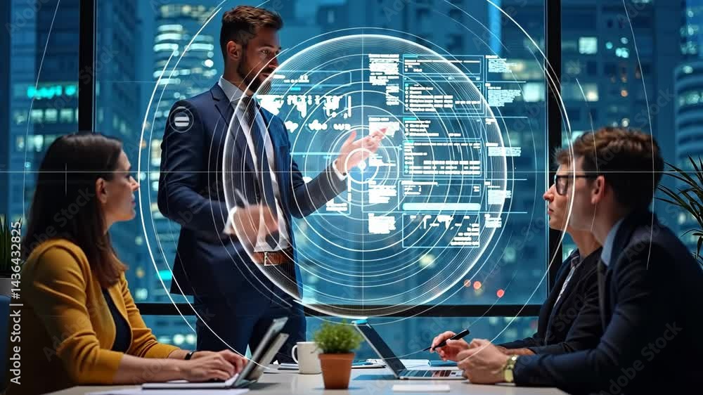 Poster man is standing in front of a group of people in a conference room. he is giving a presentation on a