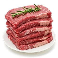 Fototapeta premium Stack of raw beef steaks on a white plate garnished with a sprig of fresh rosemary herb top view