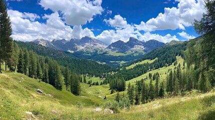 Gorgeous view of mountains and valleys with larch forest and wonderful sky are located in Filzmoos 