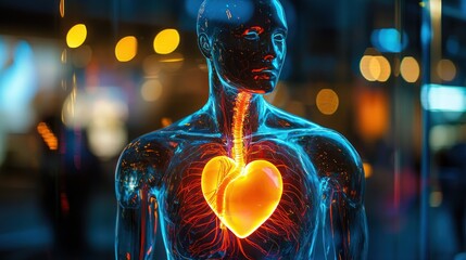 A mannequin with a transparent torso showing an illuminated heart.