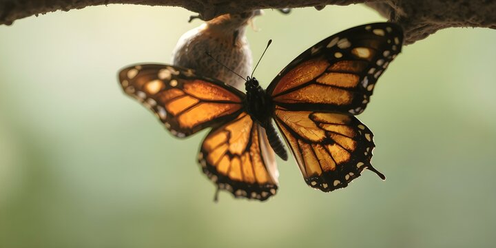 Monarch Butterfly Transformation: A close-up shot showcases the monarch butterfly, with its vibrant orange and black wings, as it emerges from its chrysalis. - Powered by Adobe