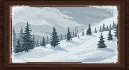 Ski Lodge Window View of Snowy Slopes and Pines