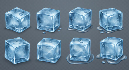 Obraz premium A collection of translucent ice cubes with water droplets. Some of the cubes are sitting in small puddles of melted ice.